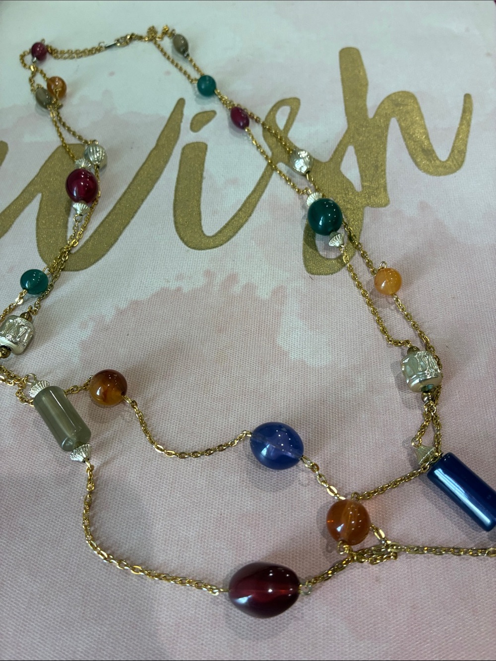 Multi-Color Glass Bead Long Station Necklace - Gold Chain